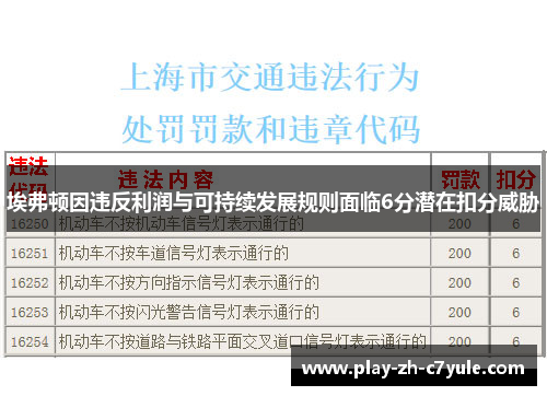 埃弗顿因违反利润与可持续发展规则面临6分潜在扣分威胁 埃弗顿因违反利润与可持续发展规则面临6分潜在扣分威胁