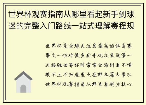 世界杯观赛指南从哪里看起新手到球迷的完整入门路线一站式理解赛程规则看点