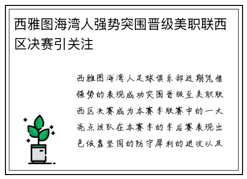 西雅图海湾人强势突围晋级美职联西区决赛引关注 西雅图海湾人强势突围晋级美职联西区决赛引关注