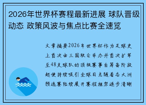 2026年世界杯赛程最新进展 球队晋级动态 政策风波与焦点比赛全速览