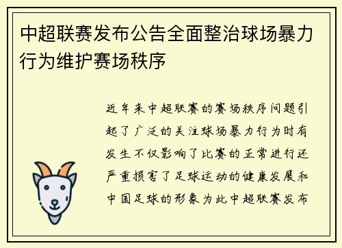 中超联赛发布公告全面整治球场暴力行为维护赛场秩序 中超联赛发布公告全面整治球场暴力行为维护赛场秩序